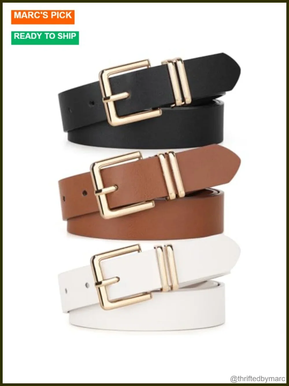 3pk Women Faux Leather Belts with Gold Buckle for Jeans